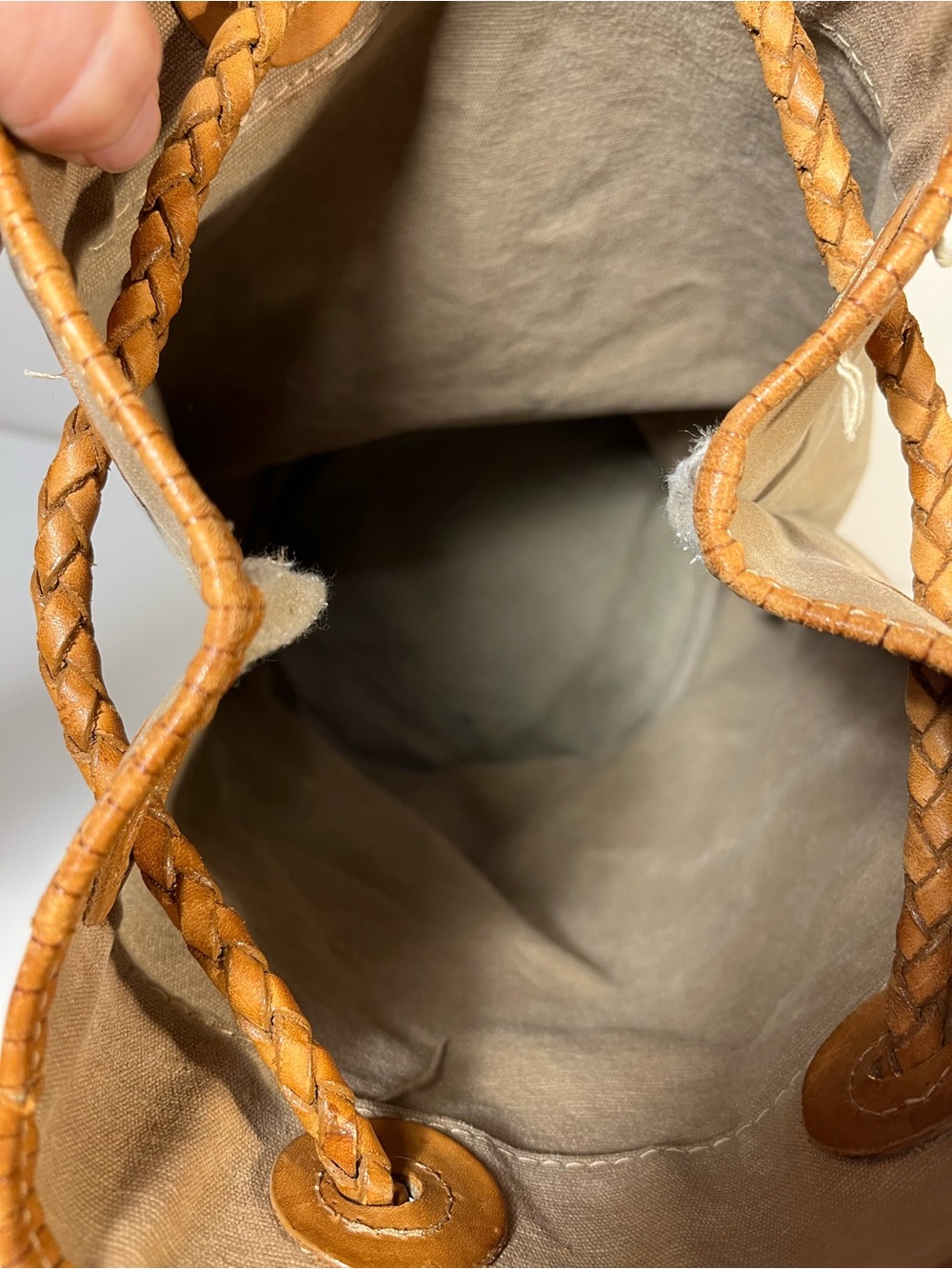 Vintage Fossil Canvas Bucket Backpack Purse Woven Leather Pattern - Picture 9 of 12